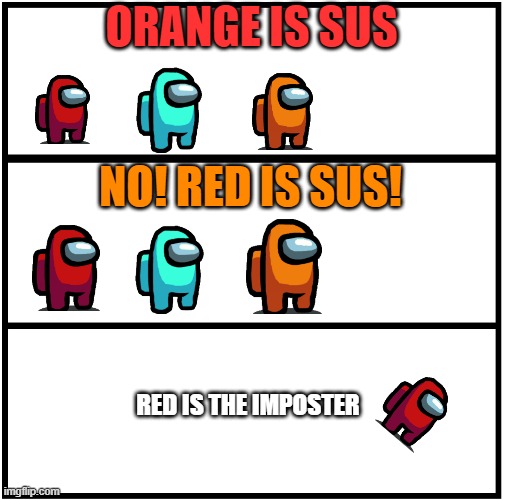 Blank Comic Panel 1x3 | ORANGE IS SUS; NO! RED IS SUS! RED IS THE IMPOSTER | image tagged in blank comic panel 1x3 | made w/ Imgflip meme maker