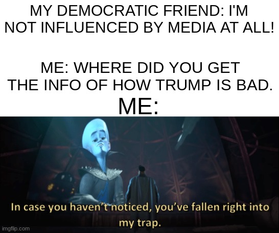 trapped you! | MY DEMOCRATIC FRIEND: I'M NOT INFLUENCED BY MEDIA AT ALL! ME: WHERE DID YOU GET THE INFO OF HOW TRUMP IS BAD. ME: | image tagged in megamind trap template | made w/ Imgflip meme maker