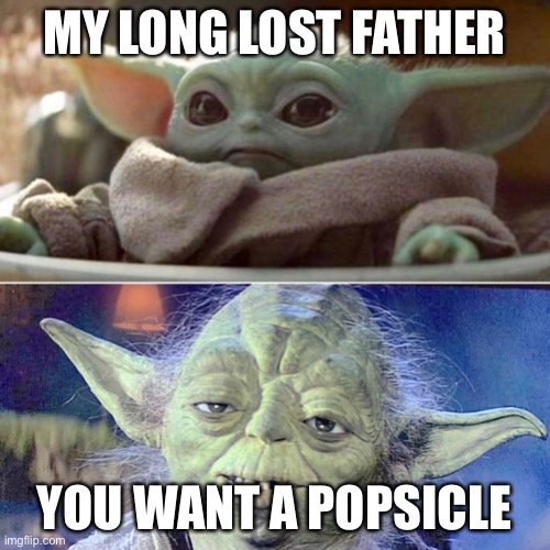 Baby Yoda Vs Old Yoda | MY LONG LOST FATHER; YOU WANT A POPSICLE | image tagged in baby yoda vs old yoda | made w/ Imgflip meme maker