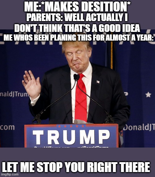 ME:*MAKES DESITION*; PARENTS: WELL ACTUALLY I DON'T THINK THAT'S A GOOD IDEA; ME WHOS BEEN PLANING THIS FOR ALMOST A YEAR:; LET ME STOP YOU RIGHT THERE | image tagged in donald trump let me stop you right there,trump,donald trump,parents,me | made w/ Imgflip meme maker