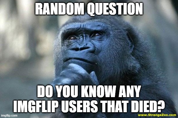 Real question. | RANDOM QUESTION; DO YOU KNOW ANY IMGFLIP USERS THAT DIED? | image tagged in deep thoughts | made w/ Imgflip meme maker
