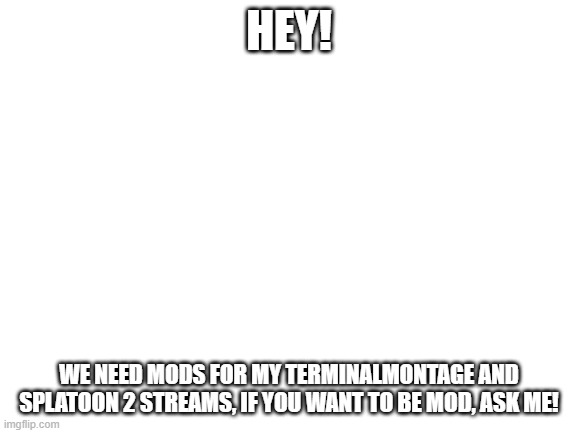 i really need mods | HEY! WE NEED MODS FOR MY TERMINALMONTAGE AND SPLATOON 2 STREAMS, IF YOU WANT TO BE MOD, ASK ME! | image tagged in blank white template,terminalmontage,splatoon_2,oh wow are you actually reading these tags | made w/ Imgflip meme maker