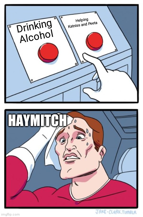 Haymitch desicions | Helping Katniss and Peeta; Drinking Alcohol; HAYMITCH | image tagged in memes,two buttons | made w/ Imgflip meme maker