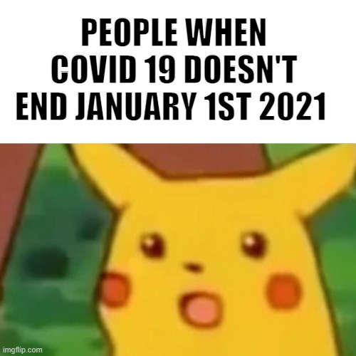 Surprised Pikachu | PEOPLE WHEN COVID 19 DOESN'T END JANUARY 1ST 2021 | image tagged in memes,surprised pikachu | made w/ Imgflip meme maker