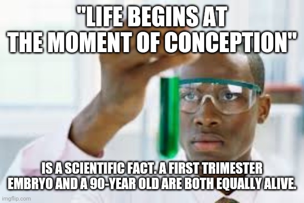 My Opinion is Nowhere to Be Seen | "LIFE BEGINS AT THE MOMENT OF CONCEPTION"; IS A SCIENTIFIC FACT. A FIRST TRIMESTER EMBRYO AND A 90-YEAR OLD ARE BOTH EQUALLY ALIVE. | image tagged in science,facts,abortion is murder | made w/ Imgflip meme maker