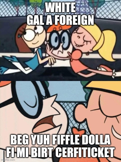 I Love Your Accent | WHITE GAL A FOREIGN; BEG YUH FIFFLE DOLLA FI MI BIRT CERFITICKET | image tagged in i love your accent | made w/ Imgflip meme maker