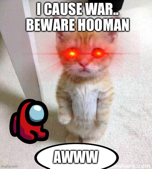 CAT AT WAR |  I CAUSE WAR.. BEWARE HOOMAN; AWWW | image tagged in memes,cute cat,war cat,war cat with pet mini crewmate,mad war cat | made w/ Imgflip meme maker