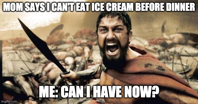 Sparta Leonidas | MOM SAYS I CAN'T EAT ICE CREAM BEFORE DINNER; ME: CAN I HAVE NOW? | image tagged in memes,sparta leonidas | made w/ Imgflip meme maker