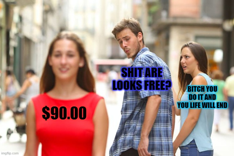 Distracted Boyfriend Meme | SHIT ARE LOOKS FREE? BITCH YOU DO IT AND YOU LIFE WILL END; $90.00 | image tagged in memes,distracted boyfriend | made w/ Imgflip meme maker