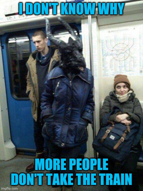 On a downtown train | I DON'T KNOW WHY; MORE PEOPLE DON'T TAKE THE TRAIN | image tagged in strangers on a train | made w/ Imgflip meme maker