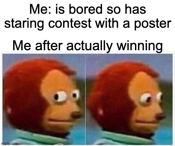 lolz | Me: is bored so has staring contest with a poster; Me after actually winning | image tagged in memes,monkey puppet | made w/ Imgflip meme maker