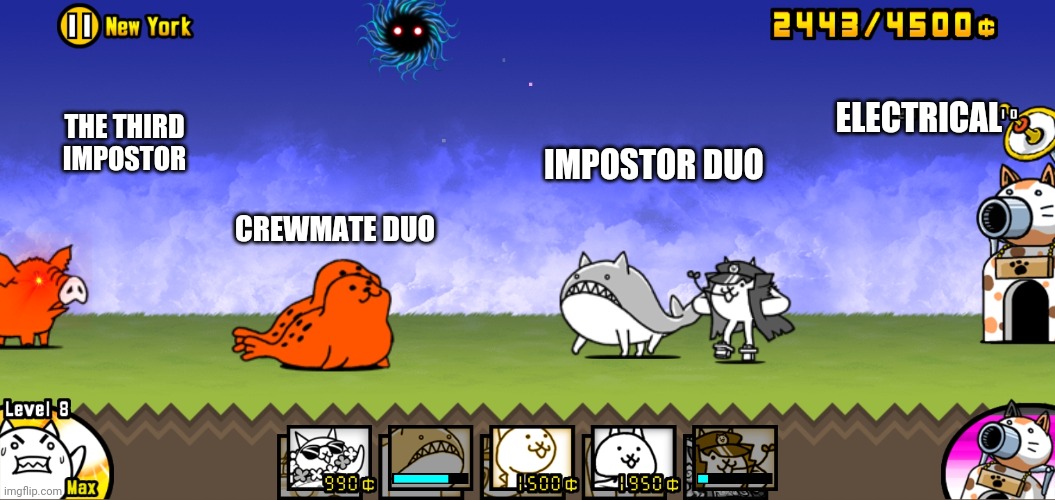 Battle cats jotaro | THE THIRD IMPOSTOR; ELECTRICAL; IMPOSTOR DUO; CREWMATE DUO | image tagged in battle cats jotaro,cats | made w/ Imgflip meme maker