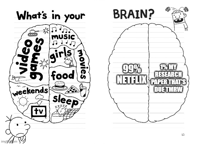 whats inside my brain | 99% NETFLIX; 1% MY RESEARCH PAPER THAT'S DUE TMRW | image tagged in diary of a wimpy kid brain | made w/ Imgflip meme maker