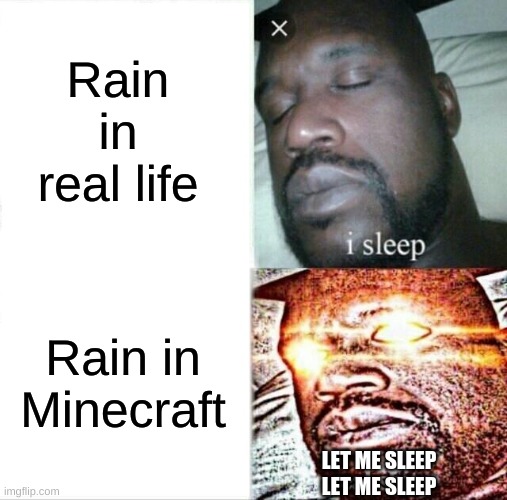 Sleeping Shaq Meme | Rain in real life; Rain in Minecraft; LET ME SLEEP LET ME SLEEP | image tagged in memes,sleeping shaq | made w/ Imgflip meme maker