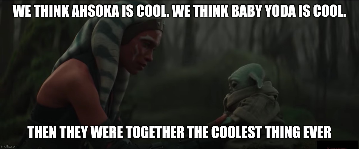 Grogu and Ahsoka Tano | WE THINK AHSOKA IS COOL. WE THINK BABY YODA IS COOL. THEN THEY WERE TOGETHER THE COOLEST THING EVER | image tagged in grogu and ahsoka tano | made w/ Imgflip meme maker