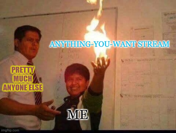 Kid Holding Fire | ANYTHING-YOU-WANT STREAM; PRETTY MUCH ANYONE ELSE; ME | image tagged in kid holding fire | made w/ Imgflip meme maker