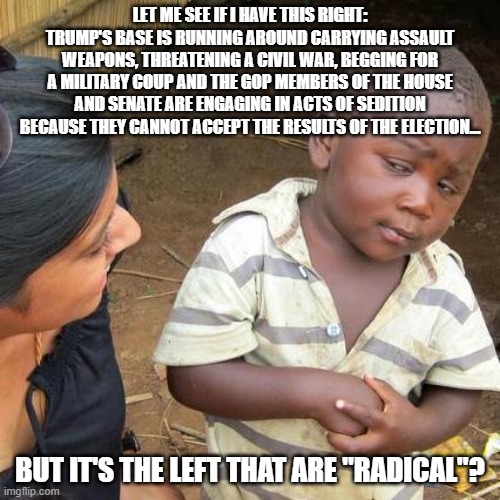 Third World Skeptical Kid | LET ME SEE IF I HAVE THIS RIGHT: TRUMP'S BASE IS RUNNING AROUND CARRYING ASSAULT WEAPONS, THREATENING A CIVIL WAR, BEGGING FOR A MILITARY COUP AND THE GOP MEMBERS OF THE HOUSE AND SENATE ARE ENGAGING IN ACTS OF SEDITION BECAUSE THEY CANNOT ACCEPT THE RESULTS OF THE ELECTION... BUT IT'S THE LEFT THAT ARE "RADICAL"? | image tagged in memes,third world skeptical kid | made w/ Imgflip meme maker