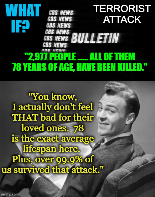 Since I get this argument a lot | TERRORIST ATTACK; WHAT IF? "2,977 PEOPLE ...... ALL OF THEM 78 YEARS OF AGE, HAVE BEEN KILLED."; "You know, I actually don't feel THAT bad for their loved ones.  78 is the exact average lifespan here.  Plus, over 99.9% of us survived that attack." | image tagged in 9/11,covid-19,economy,masks | made w/ Imgflip meme maker