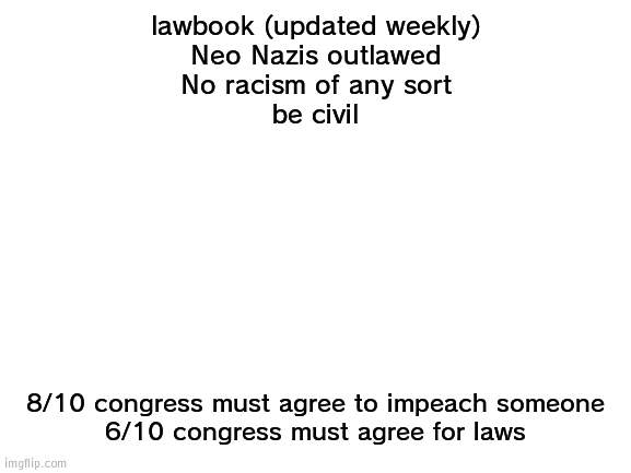 The LawBook | lawbook (updated weekly)
Neo Nazis outlawed
No racism of any sort
be civil; 8/10 congress must agree to impeach someone
6/10 congress must agree for laws | image tagged in blank white template,laws,congress | made w/ Imgflip meme maker