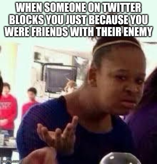 Like wtf | WHEN SOMEONE ON TWITTER BLOCKS YOU JUST BECAUSE YOU WERE FRIENDS WITH THEIR ENEMY | image tagged in bruh | made w/ Imgflip meme maker
