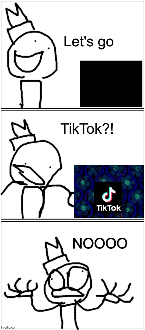 Let's go | Let's go; TikTok?! NOOOO | image tagged in memes,blank comic panel 1x2,tiktok sucks,tiktok,oc,comics/cartoons | made w/ Imgflip meme maker