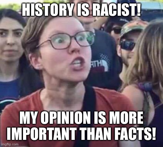 Angry Liberal | HISTORY IS RACIST! MY OPINION IS MORE IMPORTANT THAN FACTS! | image tagged in angry liberal | made w/ Imgflip meme maker