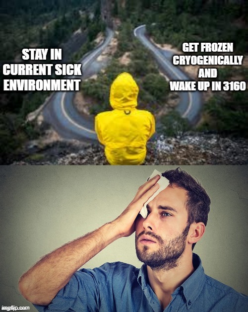 If you could choose what would you decide?  Just you and you alone no family or friends. | GET FROZEN CRYOGENICALLY AND WAKE UP IN 3160; STAY IN CURRENT SICK ENVIRONMENT | image tagged in choose wisely | made w/ Imgflip meme maker