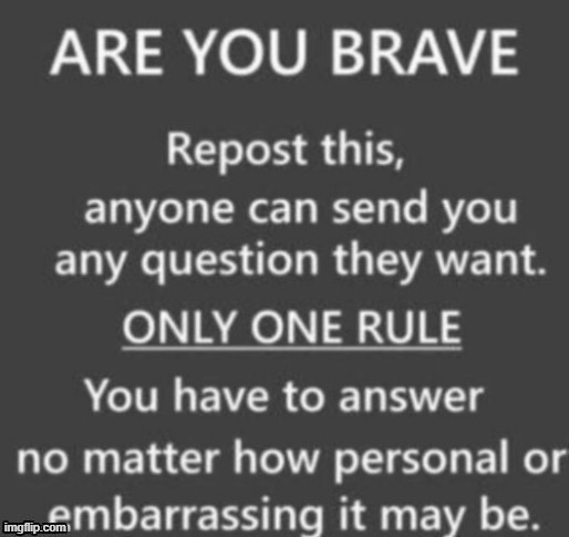 ims so not in teh mood to post reposts but srsly i feeel like a few might ahv perosnal questions so go ahead heh | image tagged in are you brave | made w/ Imgflip meme maker