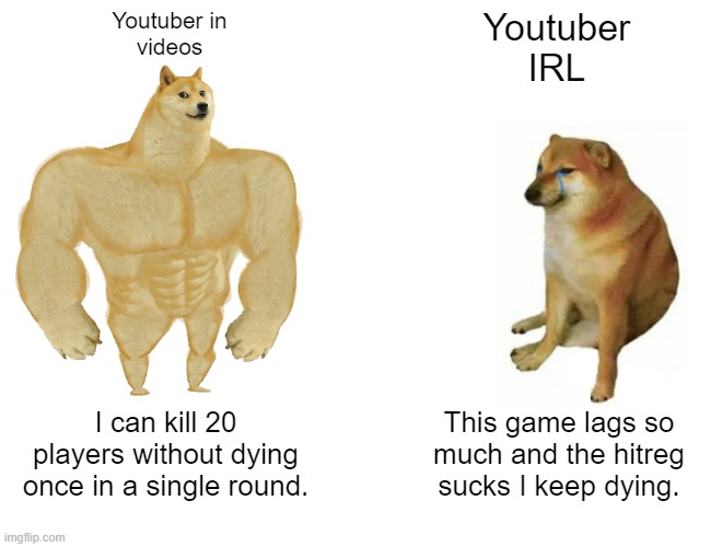 Youtuber frag vids be like | Youtuber in
videos; Youtuber
IRL; I can kill 20
players without dying
once in a single round. This game lags so
much and the hitreg
sucks I keep dying. | image tagged in memes,buff doge vs cheems | made w/ Imgflip meme maker