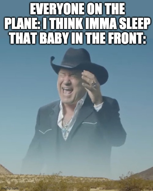 screaming sky cowboy | EVERYONE ON THE PLANE: I THINK IMMA SLEEP
THAT BABY IN THE FRONT: | image tagged in screaming sky cowboy | made w/ Imgflip meme maker