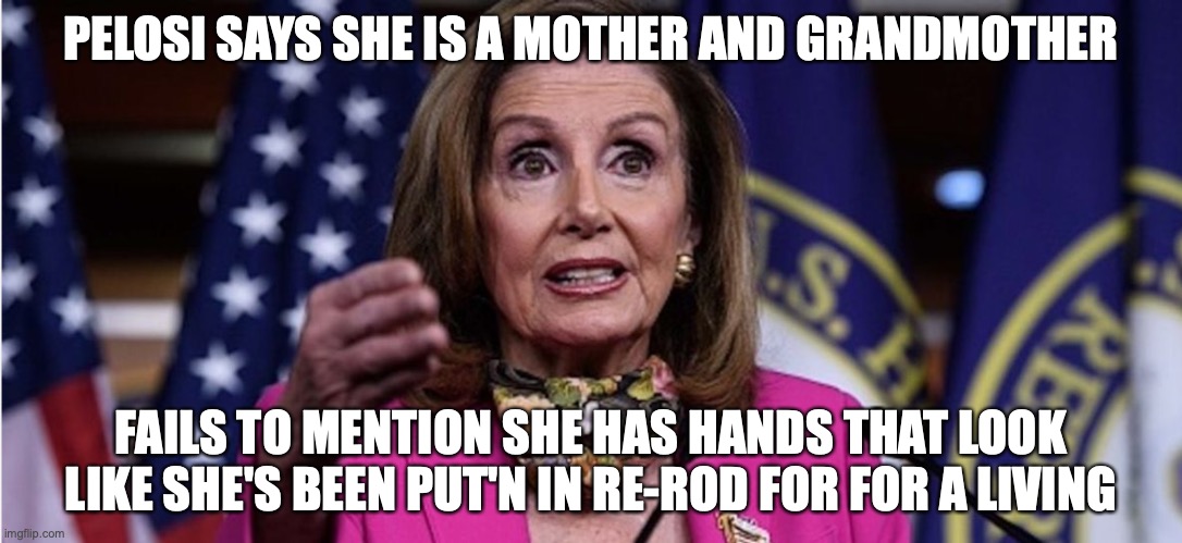 Pelosi | PELOSI SAYS SHE IS A MOTHER AND GRANDMOTHER; FAILS TO MENTION SHE HAS HANDS THAT LOOK LIKE SHE'S BEEN PUT'N IN RE-ROD FOR FOR A LIVING | image tagged in mother | made w/ Imgflip meme maker
