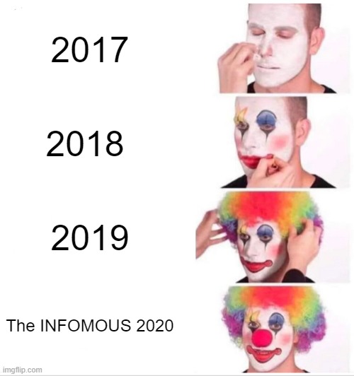 THE WORST YEAR  IN HISTORY | 2017; 2018; 2019; The INFOMOUS 2020 | image tagged in memes,clown applying makeup | made w/ Imgflip meme maker