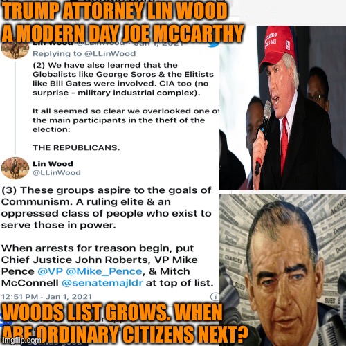 Lin Woods strives to become the Joe McCarthy of our era | TRUMP ATTORNEY LIN WOOD A MODERN DAY JOE MCCARTHY; WOODS LIST GROWS. WHEN ARE ORDINARY CITIZENS NEXT? | image tagged in donald trump,democrats,republicans,americans,conspiracy,hate | made w/ Imgflip meme maker