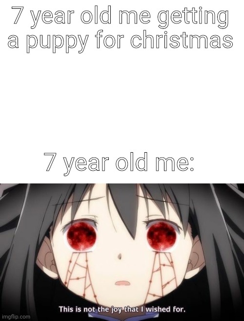 this is not the joy i wished for, but the joy i wanted for | 7 year old me getting a puppy for christmas; 7 year old me: | image tagged in blank white template,not the joy i wished | made w/ Imgflip meme maker
