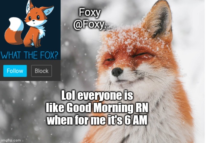 Foxy's announcement template | Lol everyone is like Good Morning RN when for me it's 6 AM | image tagged in foxy's announcement template | made w/ Imgflip meme maker