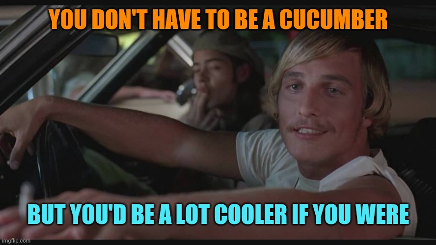 Be alot cooler if you did.. | YOU DON'T HAVE TO BE A CUCUMBER BUT YOU'D BE A LOT COOLER IF YOU WERE | image tagged in be alot cooler if you did | made w/ Imgflip meme maker