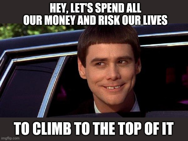 dumb and dumber | HEY, LET'S SPEND ALL OUR MONEY AND RISK OUR LIVES TO CLIMB TO THE TOP OF IT | image tagged in dumb and dumber | made w/ Imgflip meme maker