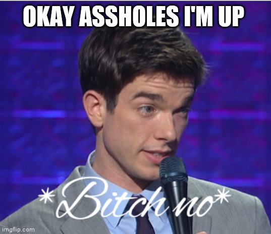 Bitch no | OKAY ASSHOLES I'M UP | image tagged in bitch no | made w/ Imgflip meme maker