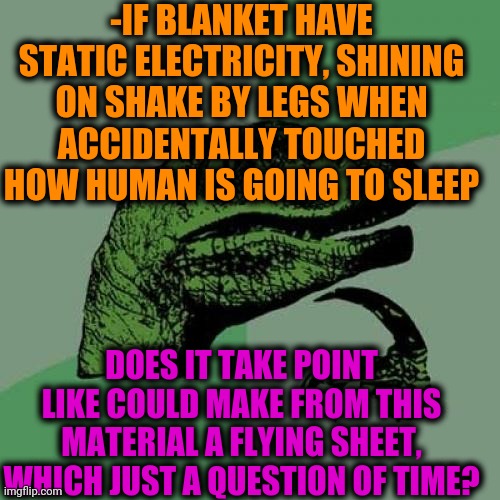 -Funny stuff. | -IF BLANKET HAVE STATIC ELECTRICITY, SHINING ON SHAKE BY LEGS WHEN ACCIDENTALLY TOUCHED HOW HUMAN IS GOING TO SLEEP; DOES IT TAKE POINT LIKE COULD MAKE FROM THIS MATERIAL A FLYING SHEET, WHICH JUST A QUESTION OF TIME? | image tagged in memes,philosoraptor,flying,aladdin,fairy tail,i have several questions hd | made w/ Imgflip meme maker
