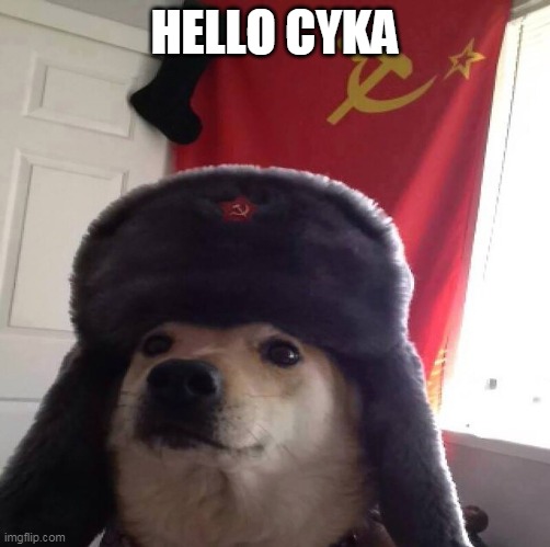 Russian Doggo Cyka Blyat | HELLO CYKA | image tagged in russian doggo cyka blyat | made w/ Imgflip meme maker