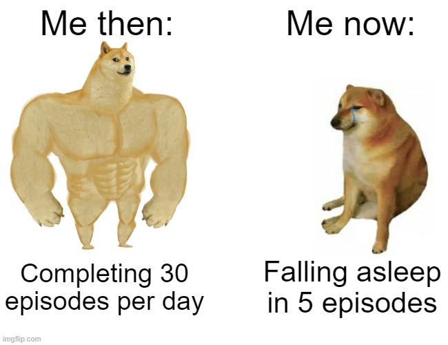 Buff Doge vs. Cheems | Me then:; Me now:; Completing 30 episodes per day; Falling asleep in 5 episodes | image tagged in memes,buff doge vs cheems | made w/ Imgflip meme maker