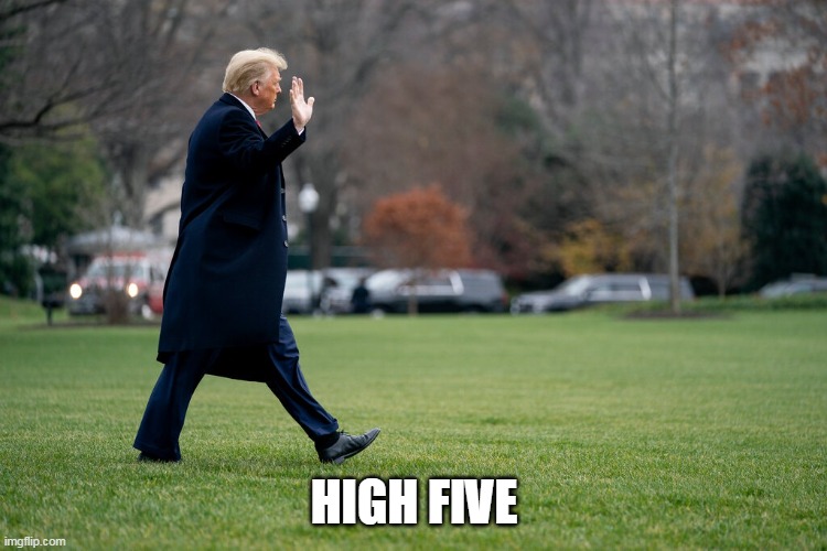 High Five | HIGH FIVE | image tagged in donald trump,donald trump approves,high five,good job,white house,covid-19 | made w/ Imgflip meme maker