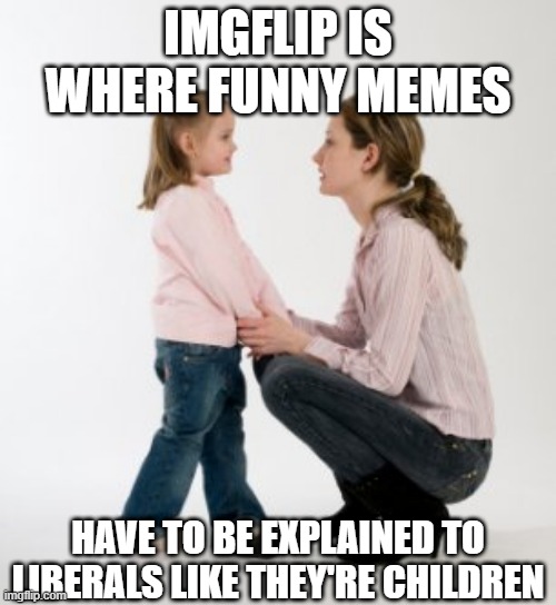 parenting raising children girl asking mommy why discipline Demo | IMGFLIP IS WHERE FUNNY MEMES; HAVE TO BE EXPLAINED TO LIBERALS LIKE THEY'RE CHILDREN | image tagged in parenting raising children girl asking mommy why discipline demo | made w/ Imgflip meme maker