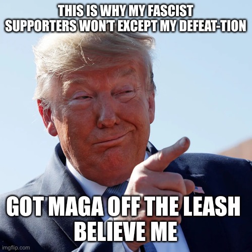 THIS IS WHY MY FASCIST SUPPORTERS WON’T EXCEPT MY DEFEAT-TION GOT MAGA OFF THE LEASH 
BELIEVE ME | made w/ Imgflip meme maker