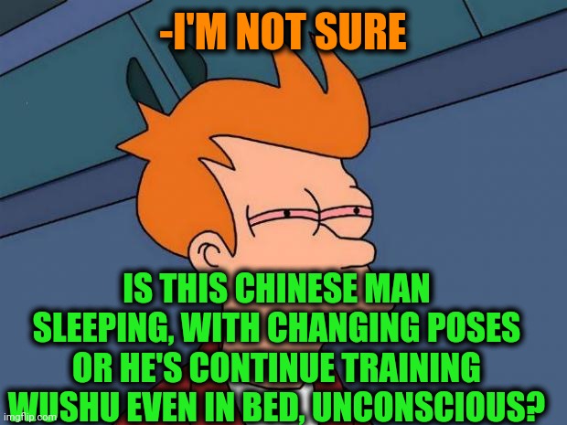 -Martial great. | -I'M NOT SURE; IS THIS CHINESE MAN SLEEPING, WITH CHANGING POSES OR HE'S CONTINUE TRAINING WUSHU EVEN IN BED, UNCONSCIOUS? | image tagged in stoned fry,chinese guy,martial arts,philosophy,real estate,sleeping on couch | made w/ Imgflip meme maker