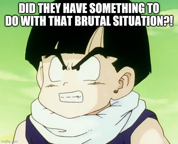 Jealousy Gohan (DBZ Namek) | DID THEY HAVE SOMETHING TO DO WITH THAT BRUTAL SITUATION?! | image tagged in jealousy gohan dbz namek | made w/ Imgflip meme maker