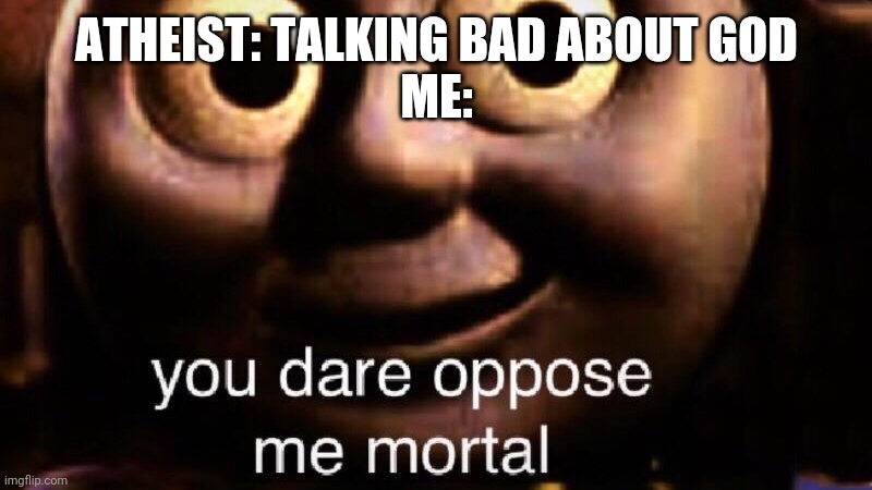 Support God | ATHEIST: TALKING BAD ABOUT GOD
ME: | image tagged in you dare oppose me mortal | made w/ Imgflip meme maker