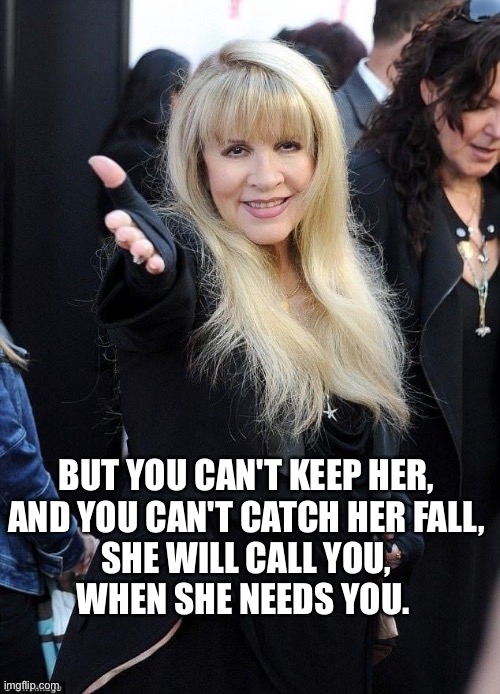 Stevie Nicks | BUT YOU CAN'T KEEP HER,
AND YOU CAN'T CATCH HER FALL,
SHE WILL CALL YOU,
WHEN SHE NEEDS YOU. | image tagged in stevie,nicks,rock | made w/ Imgflip meme maker