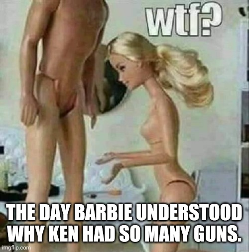 My guns no dick | THE DAY BARBIE UNDERSTOOD WHY KEN HAD SO MANY GUNS. | image tagged in gun control,gun laws,conservatives,maga,trump supporters,gun nuts | made w/ Imgflip meme maker