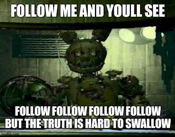 Some Follow Me lyrics (FNaF) | FOLLOW ME AND YOULL SEE; FOLLOW FOLLOW FOLLOW FOLLOW BUT THE TRUTH IS HARD TO SWALLOW | image tagged in fnaf springtrap in window,follow,fnaf | made w/ Imgflip meme maker